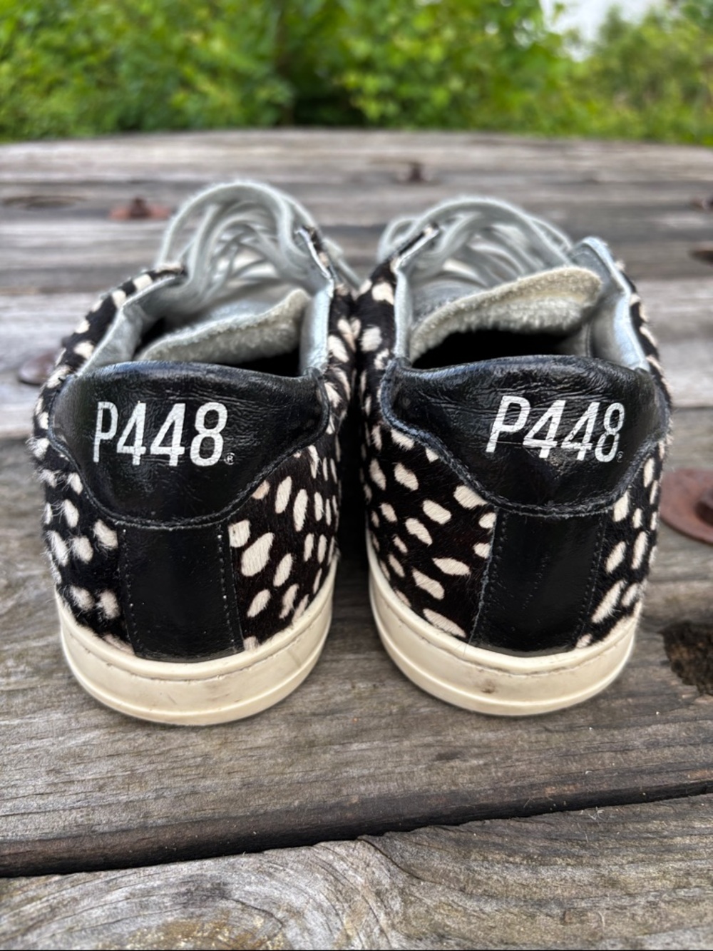 P448 Women’s Sz8.5/9 Unisex-John Sneakers Cowiena Calf Hair Black/Cream #318 - Picture 13 of 13
